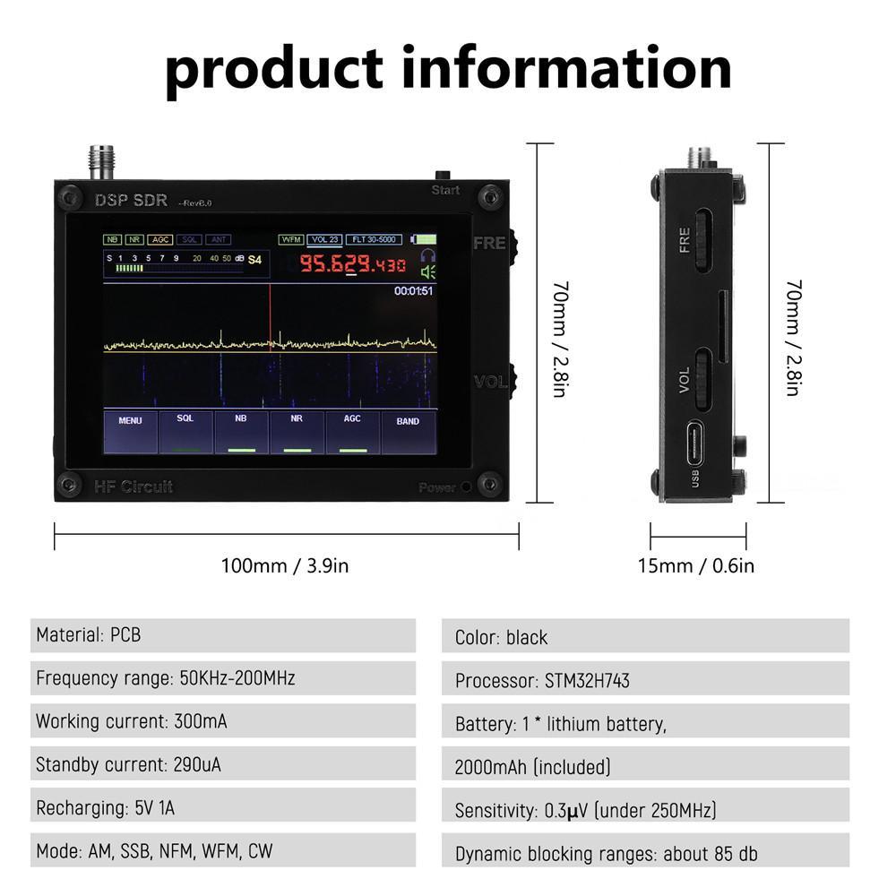 Ultra-thin 50KHz-200MHz Malahit SDR Receiver Malachite DSP Software Defined Radio 3.5" Display Battery Inside Nice Sound - Black 400MHz~2GHz - MRSLM
