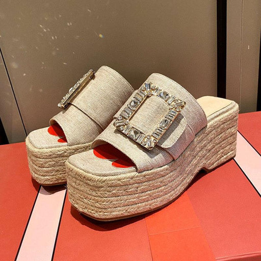 women's rhinestone buckle hemp rope slippers, view 5 - MRSLM