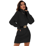 solid color high neck mid-length dress, view 3 - MRSLM