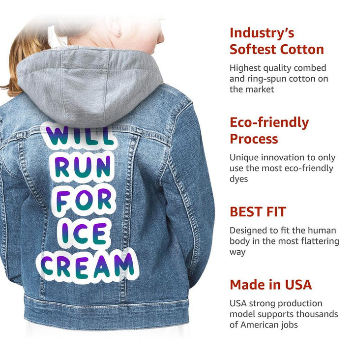 Will Run for Ice Cream Hooded Denim Jacket for Kids - Funny Jean Jacket - Cool Denim Jacket for Kids - MRSLM
