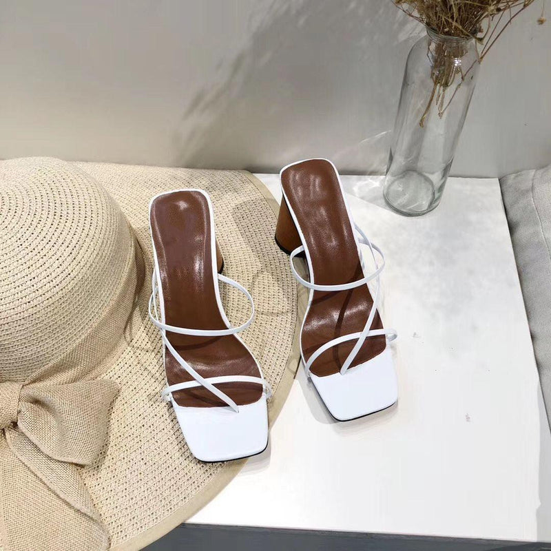leather thin strap block heel sandals - MRSLM