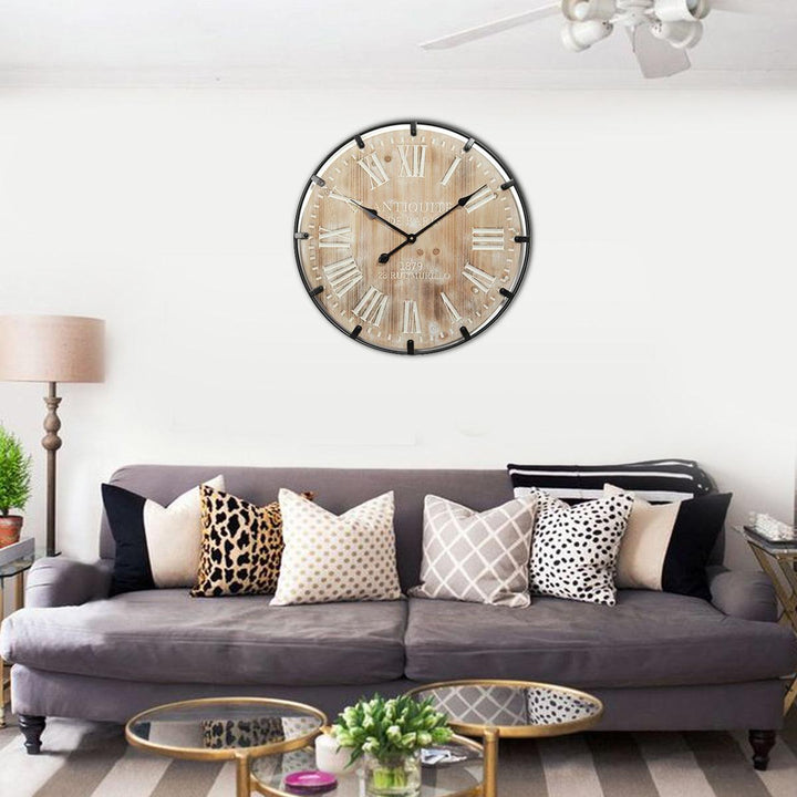 60*60cm Wall Clock Retro Iron Solid Wood Silent Time Living Room Hanging Clock Home Decorative Large Wall Clock Art - MRSLM