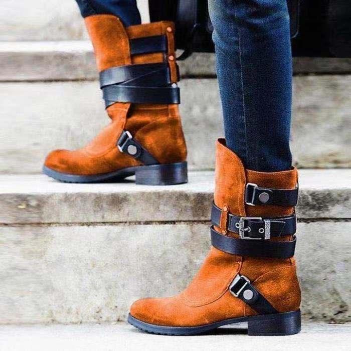 Vintage Women's Thick-heeled Suede Boots With Belt Buckle