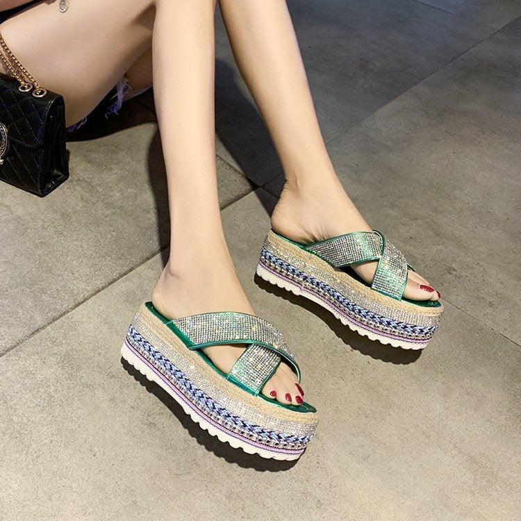 Cross Rhinestone Woven Waterproof Platform Toe Women's Slippers - MRSLM