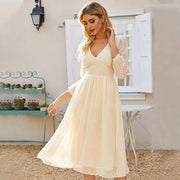 Elegant v-neck chiffon midi dress, view 3 - MRSLM