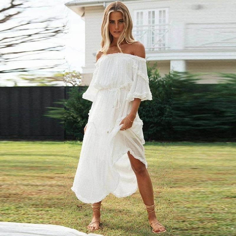white off-shoulder dress for women - MRSLM