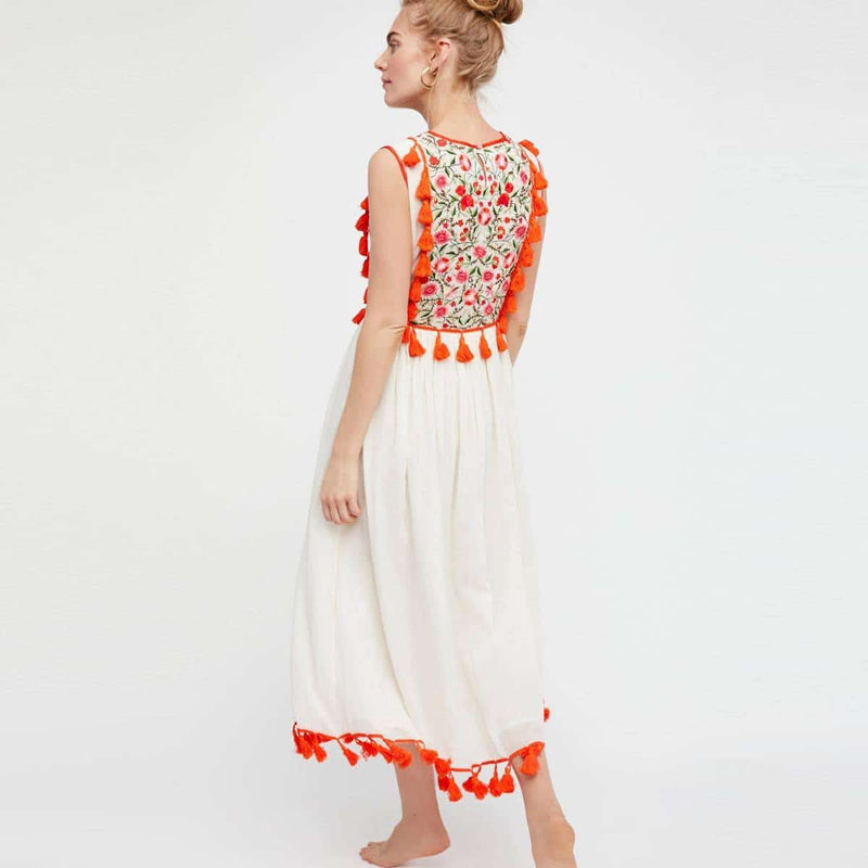 hand embroidered tassel midi dress, view 6 - MRSLM