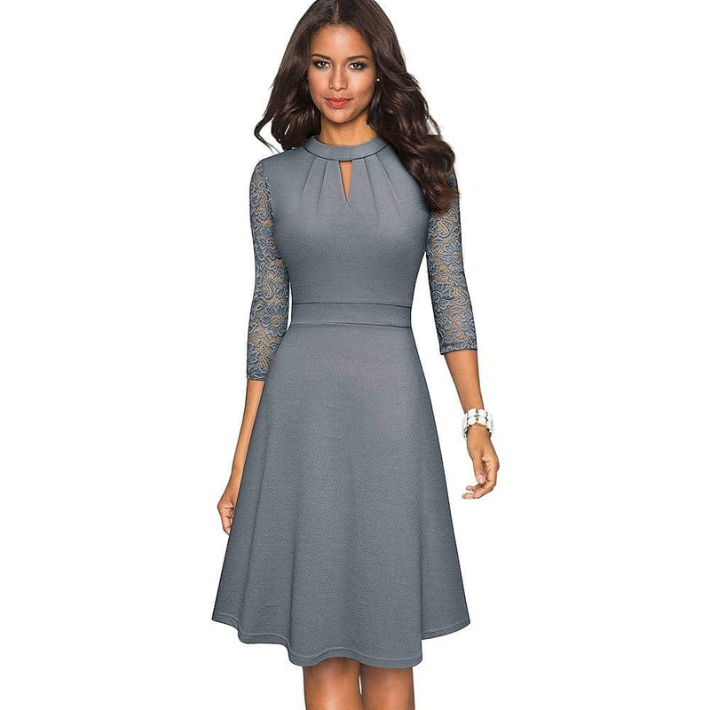 hollow out dress with lace sleeves, view 3 - MRSLM