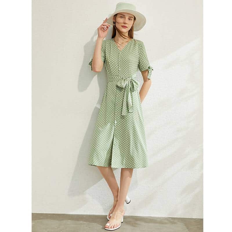 women's dot printed v-neck high waist dress, view 8 - MRSLM