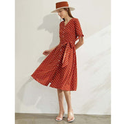 women's dot printed v-neck high waist dress, view 9 - MRSLM