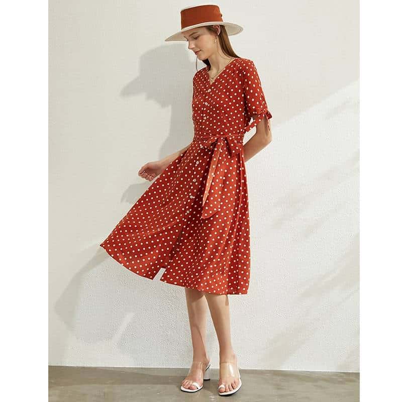 women's dot printed v-neck high waist dress, view 9 - MRSLM