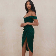 draped satin strapless dress, view 8 - MRSLM