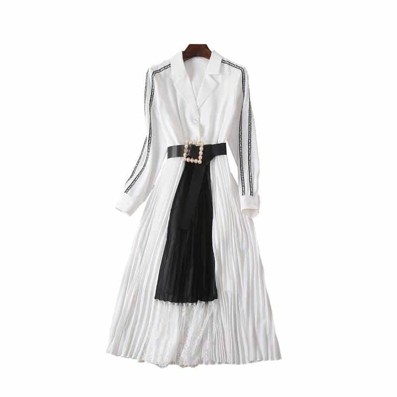 lace patchwork belted dress, view 3 - MRSLM