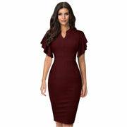 women's midi pencil dress with ruffled sleeves, view 6 - MRSLM