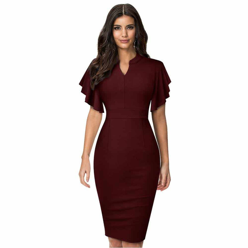 women's midi pencil dress with ruffled sleeves, view 6 - MRSLM