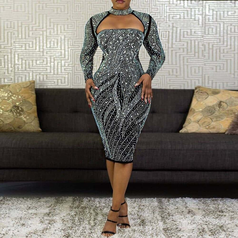 shiny rhinestone long sleeved dress, view 2 - MRSLM