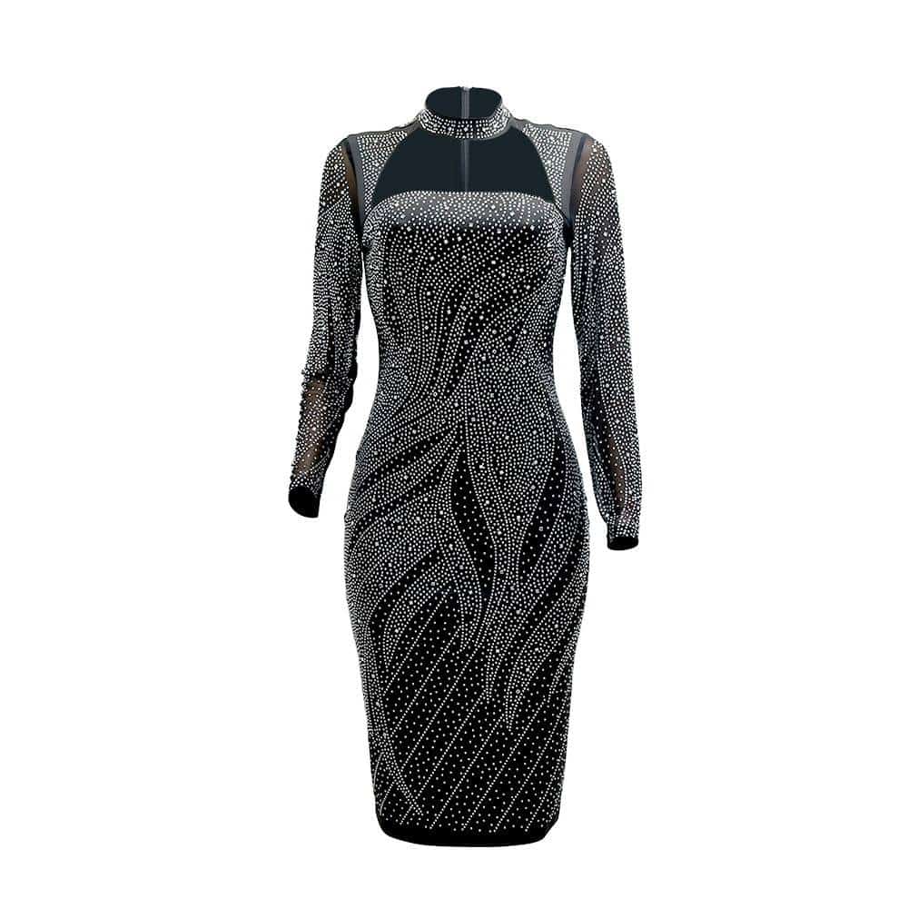 Women's Shiny Rhinestone Long Sleeved Dress