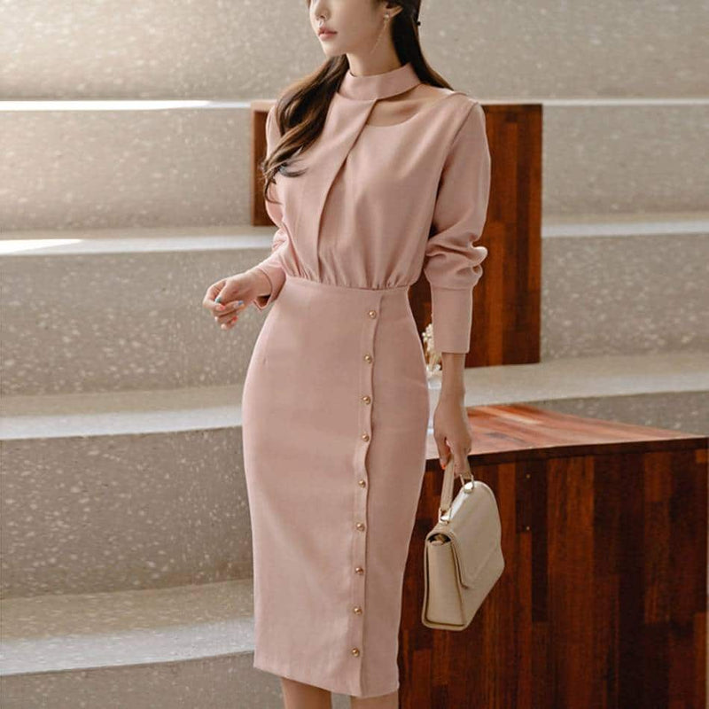 turtleneck office midi dress, view 2 - MRSLM