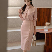 turtleneck office midi dress, view 3 - MRSLM