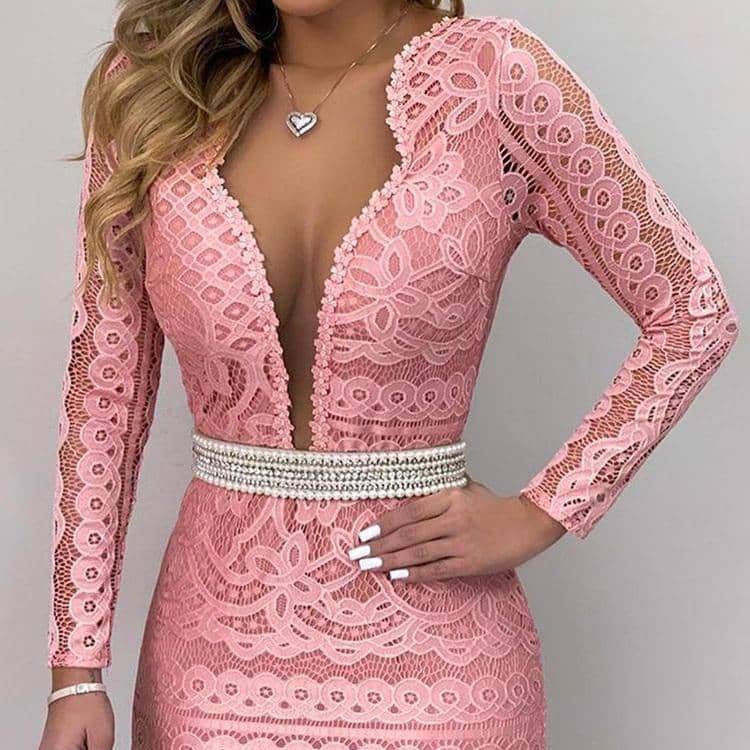 women's v-neck polyester lace dress - MRSLM