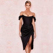 draped satin strapless dress, view 2 - MRSLM