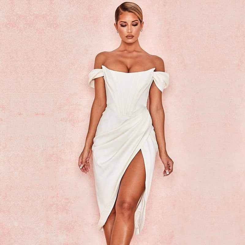 draped satin strapless dress, view 4 - MRSLM