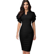 women's midi pencil dress with ruffled sleeves, view 2 - MRSLM