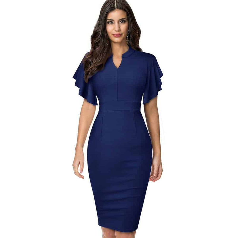 women's midi pencil dress with ruffled sleeves, view 3 - MRSLM