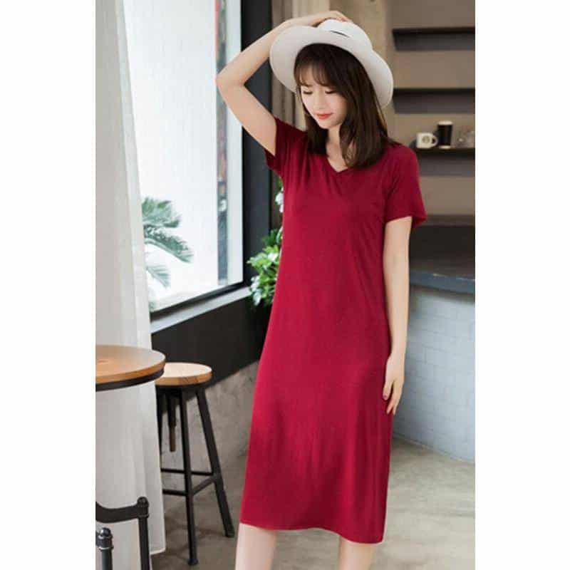 Women's Solid V-Neck Short Sleeved Summer T-Shirt Dress