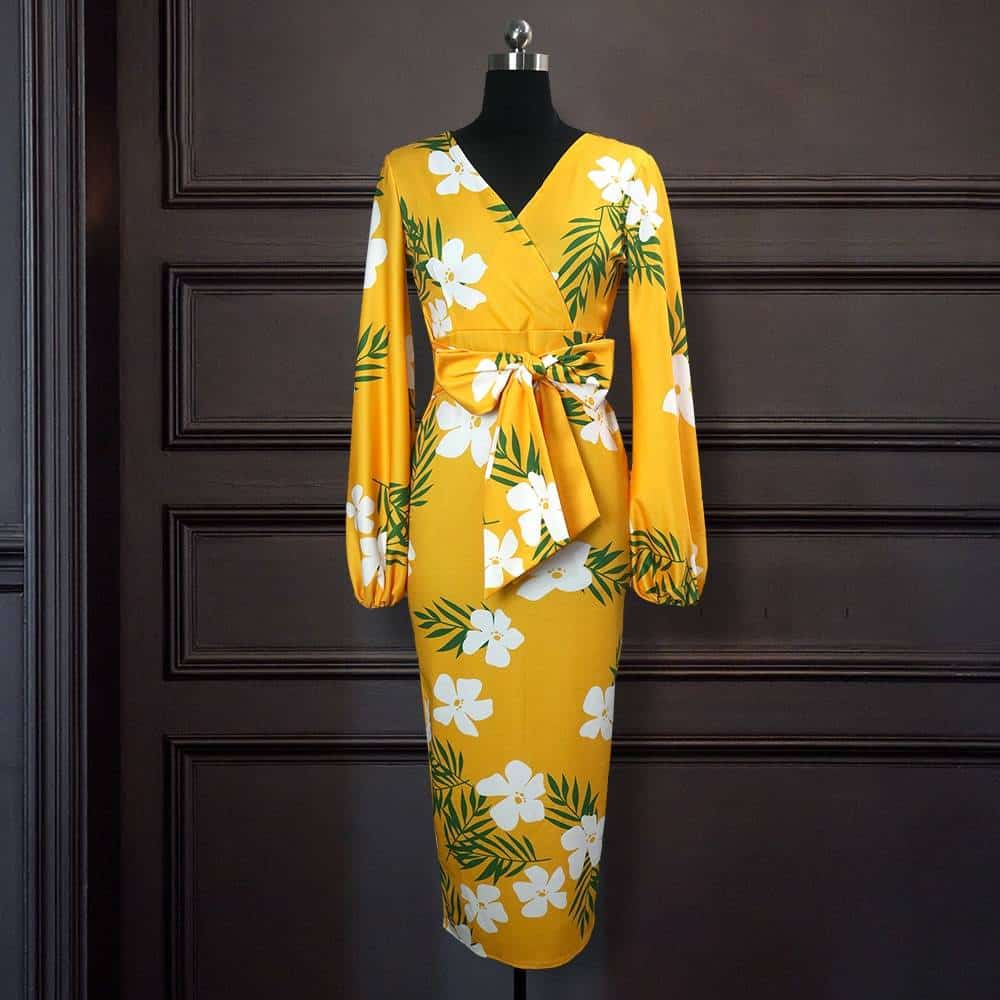 Yellow Floral Printed Bodycon Dress for Women