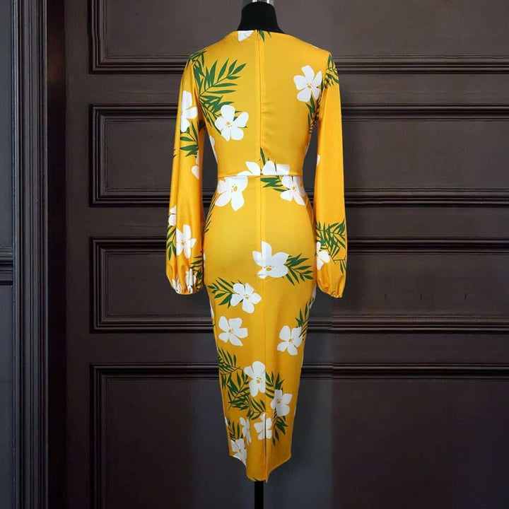 Yellow Floral Printed Bodycon Dress for Women