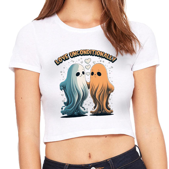 Love Unconditionally Women's Cropped T-Shirt - Ghost Print Crop Top - Graphic Cropped Tee - MRSLM