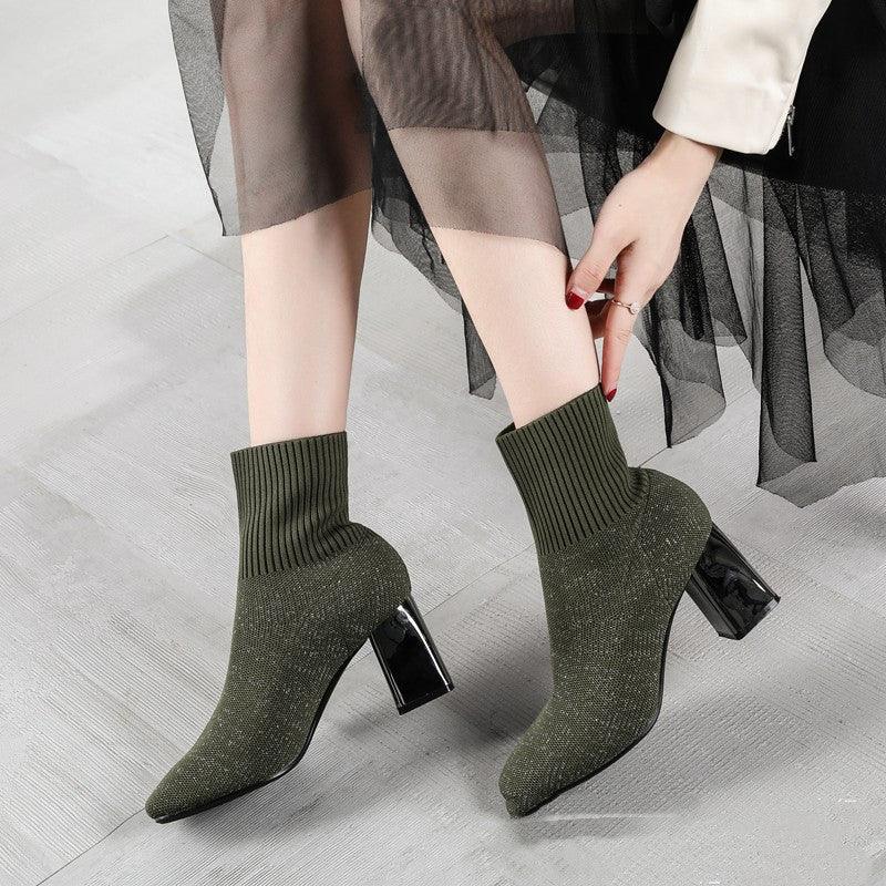 Knitted stretch thick heel ankle boots, view 4 - MRSLM