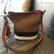 striped canvas bucket bag with tassel, view 3 - MRSLM