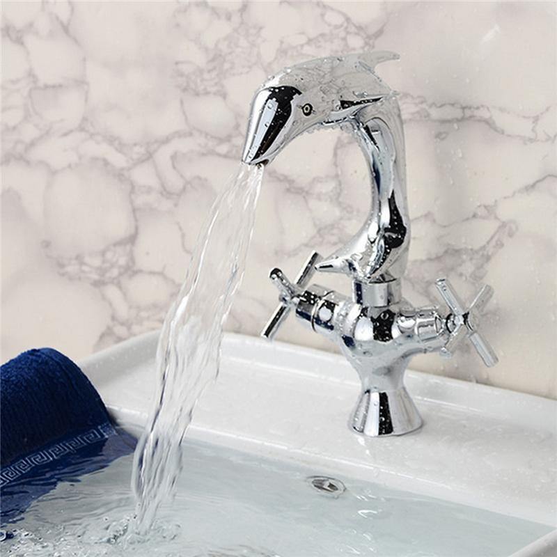 Creative Dolphin Shape Double Handle Basin Sink Mixer Tap Chrome Finish Faucet - MRSLM