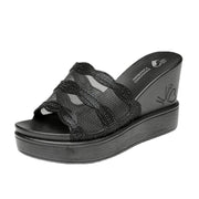 Women's first layer cowhide wedge slippers, view 3 - MRSLM