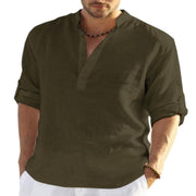 Men's Casual Cotton Linen Solid Color Long Sleeve Shirt Loose Stand Collar - MRSLM