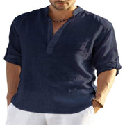 Men's Casual Cotton Linen Solid Color Long Sleeve Shirt Loose Stand Collar - MRSLM