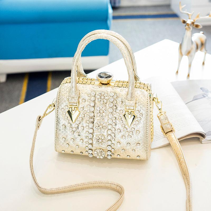 rhinestone snake print lock shoulder bag, view 8 - MRSLM