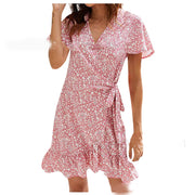 stitched print v-neck commuter dress, view 5 - MRSLM