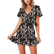 stitched print v-neck commuter dress, view 4 - MRSLM