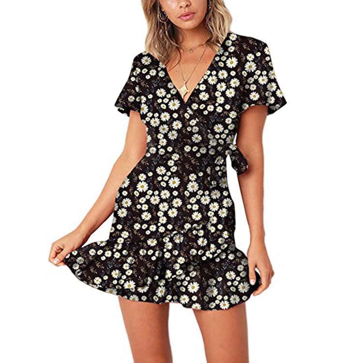 stitched print v-neck commuter dress, view 4 - MRSLM