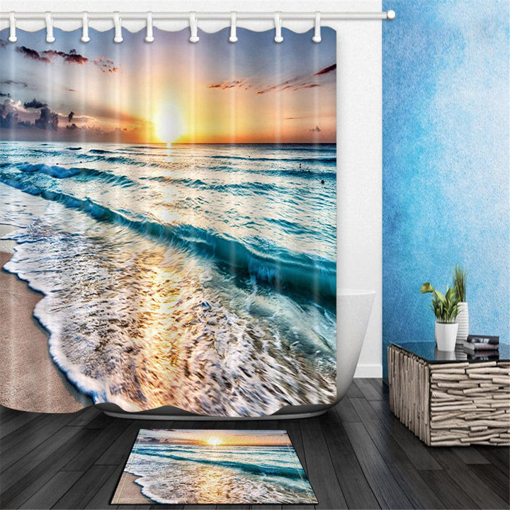 Ocean Beach Sunset Polyester Waterproof Bathroom Shower Curtain Mat Set Decor - MRSLM