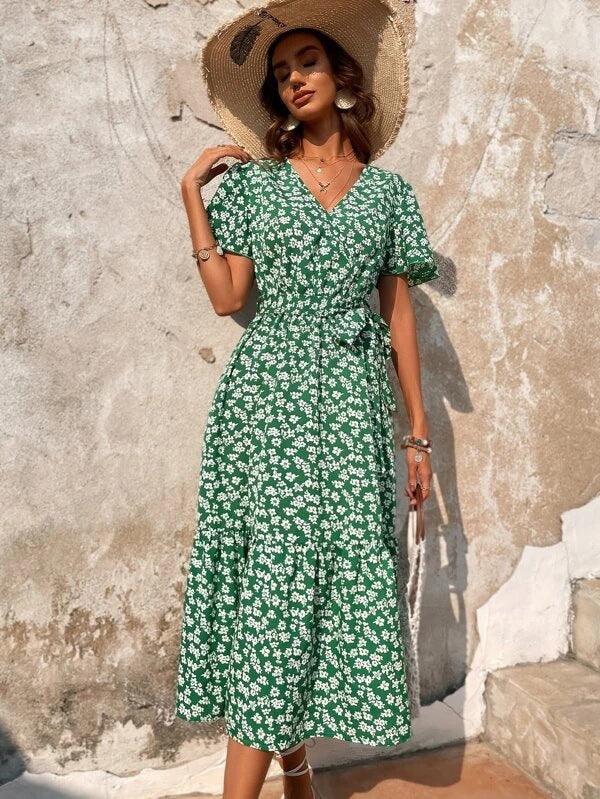 Floral short-sleeved long dress, view 6 - MRSLM
