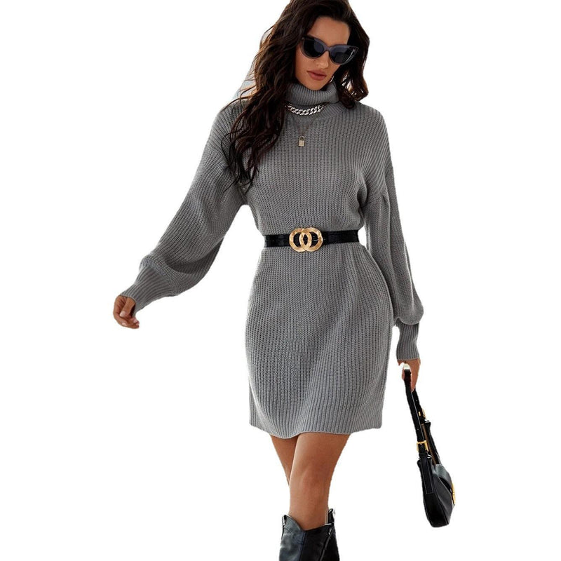solid color high neck mid-length dress - MRSLM