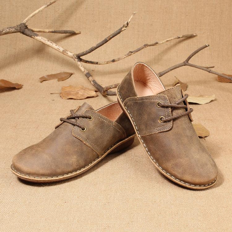Women's retro hand-stitched cowhide lace-up shoes, view 2 - MRSLM