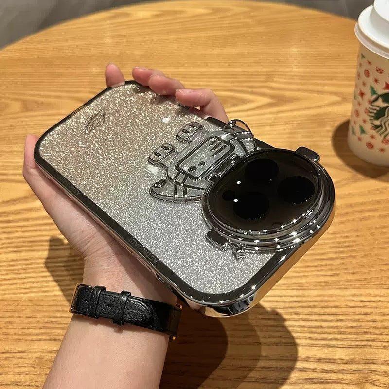 Glitter Astronaut Camera Stand Phone Case For IPhone 14 13 12 11 Pro Max XR 14 Plus Invisible Lens Bracket Plating Soft Cover