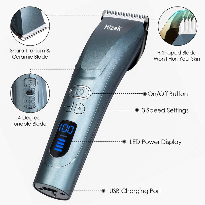 Hair Clippers for Men,Hizek Beard Trimmer Professional Cordless Hair Trimmer with 3 Adjustable Speeds,LED Display,USB Charging Stand and 6 Attachment Guide Combs,for Family Use - MRSLM