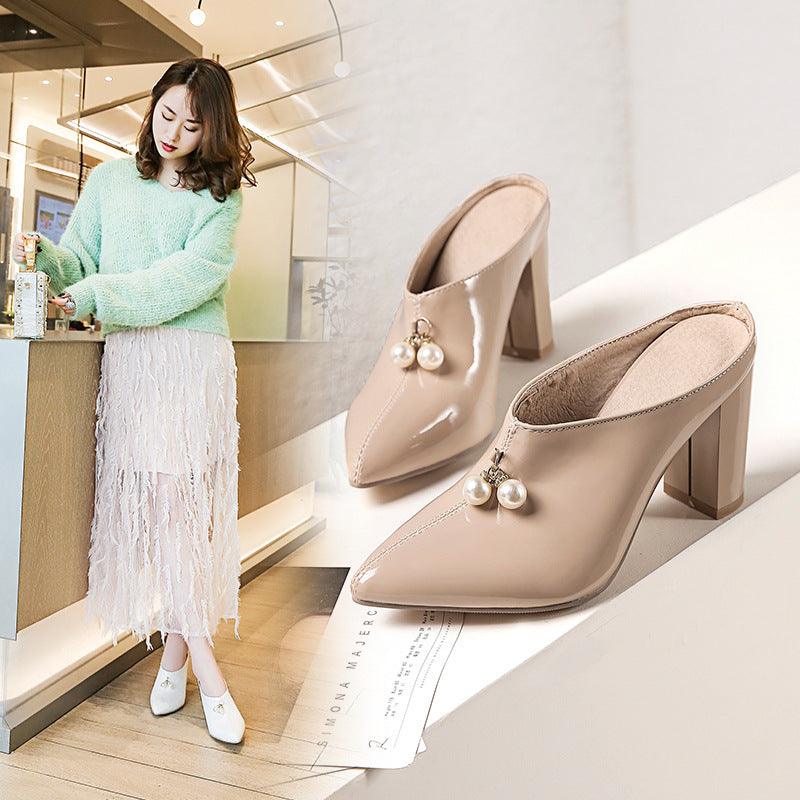 Pearl Pointed Toe Sandals Slip-ons Toe Toe Block Heel Women's Shoes - MRSLM