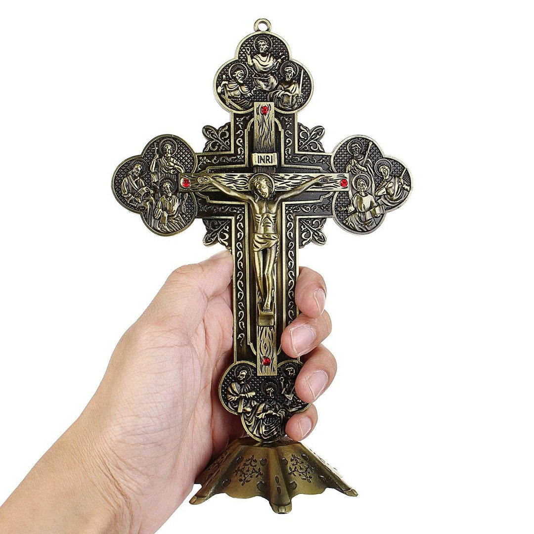 10" Antique Jesus INRI Catholic Altar Standing Religious Crucifix Cross Decorations with Base - MRSLM